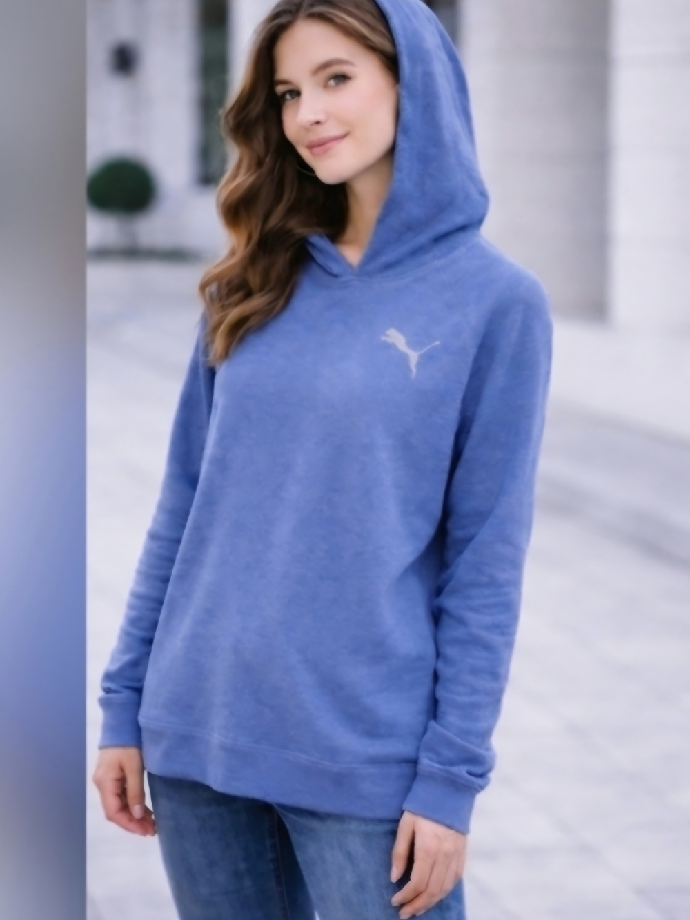 Puma Blue Hoodie Cotton Pullover Sweatshirt Silver Logo Size L Casual Unisex